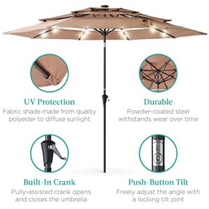 Best Choice Products 10ft 3-Tier Solar Patio Umbrella, Outdoor Market Sun Shade for Backyard, Deck, Poolside w/ 24 LED Lights, Tilt Adjustment, Easy Crank, 8 Ribs - Tan