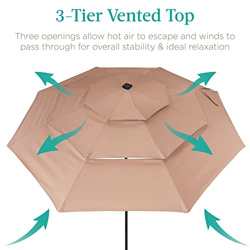 Best Choice Products 10ft 3-Tier Solar Patio Umbrella, Outdoor Market Sun Shade for Backyard, Deck, Poolside w/ 24 LED Lights, Tilt Adjustment, Easy Crank, 8 Ribs - Tan