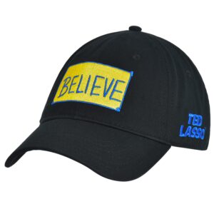 concept one ted lasso dad hat, believe print cotton adjustable baseball cap with curved brim, black, one size