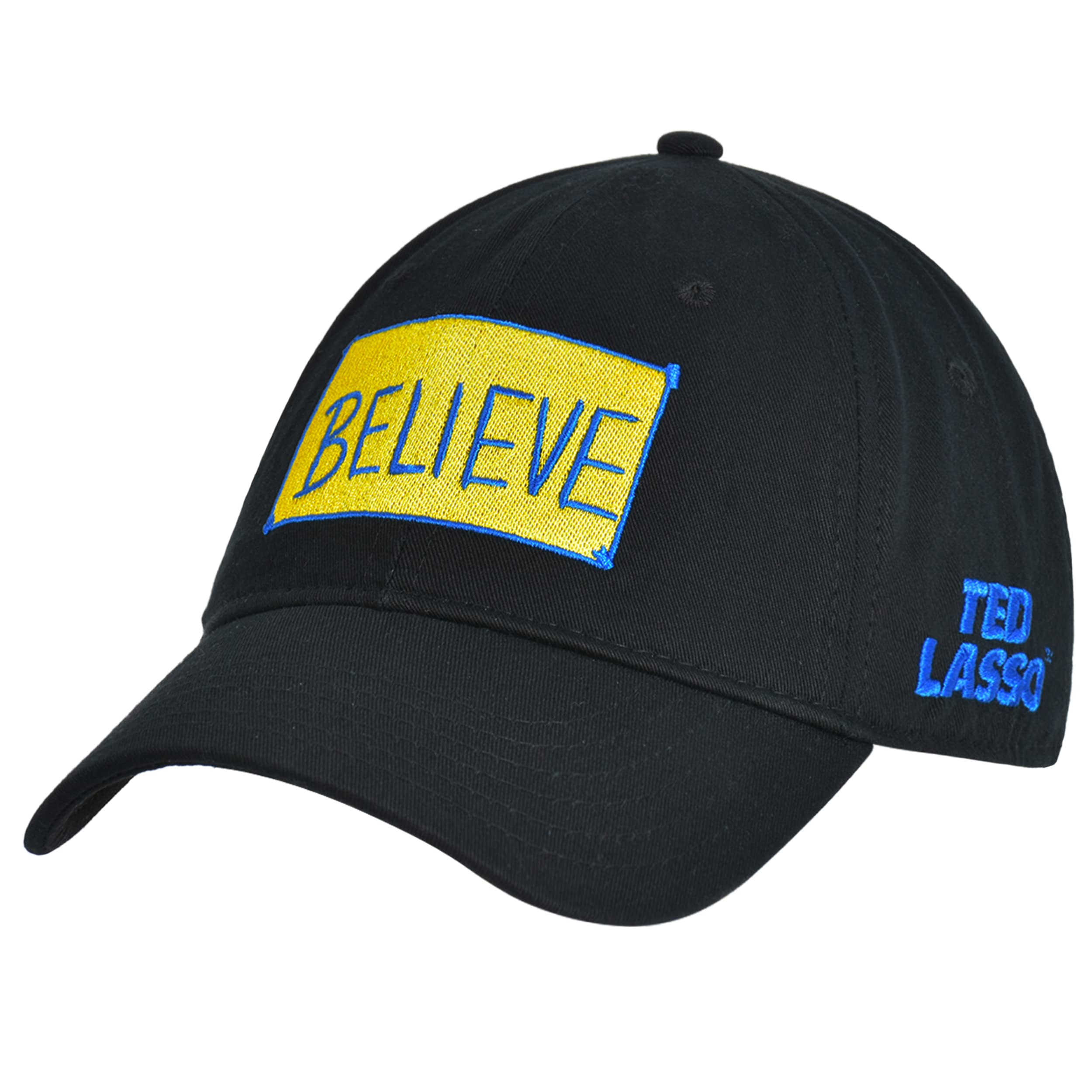 Concept One Ted Lasso Dad Hat, Believe Print Cotton Adjustable Baseball Cap with Curved Brim, Black, One Size