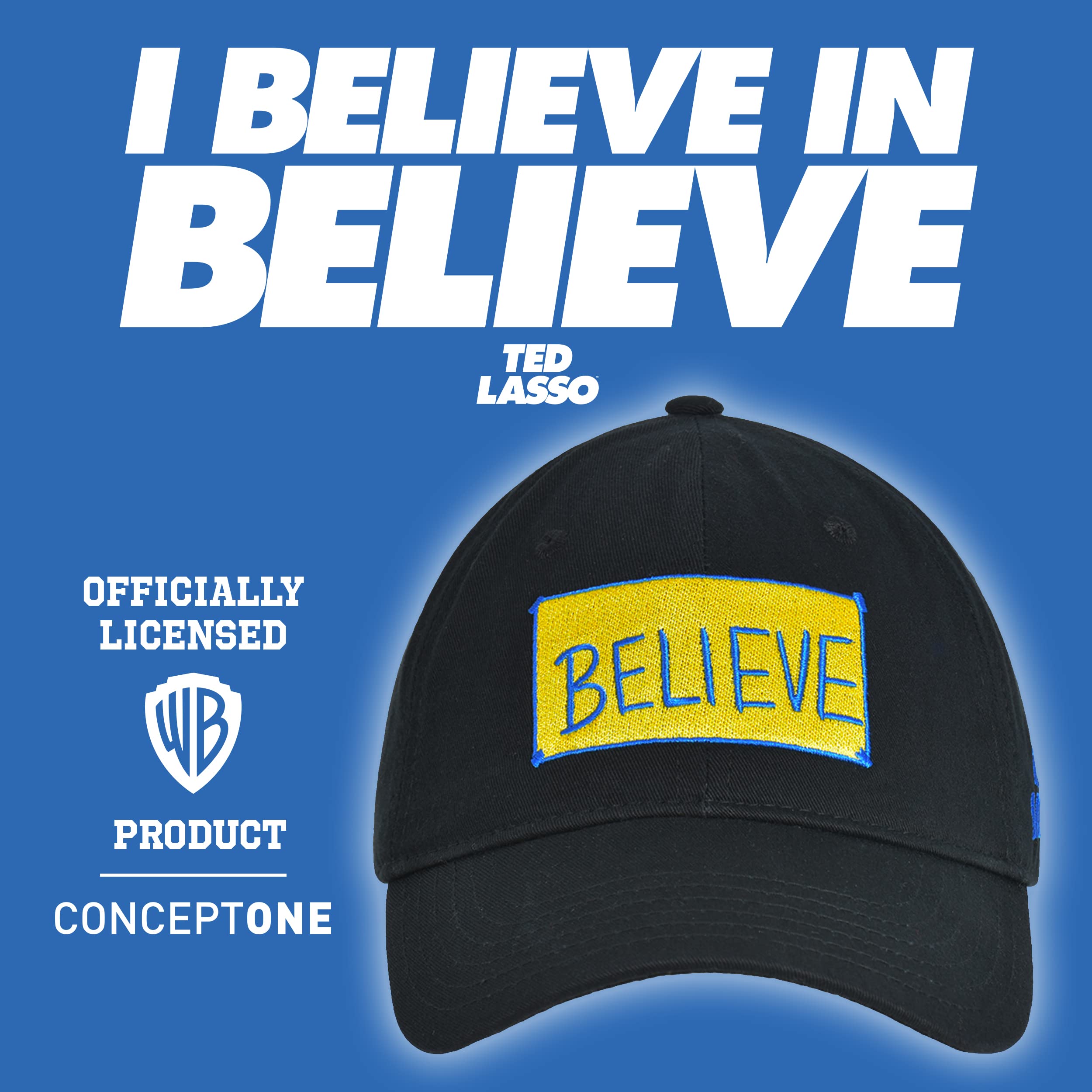 Concept One Ted Lasso Dad Hat, Believe Print Cotton Adjustable Baseball Cap with Curved Brim, Black, One Size