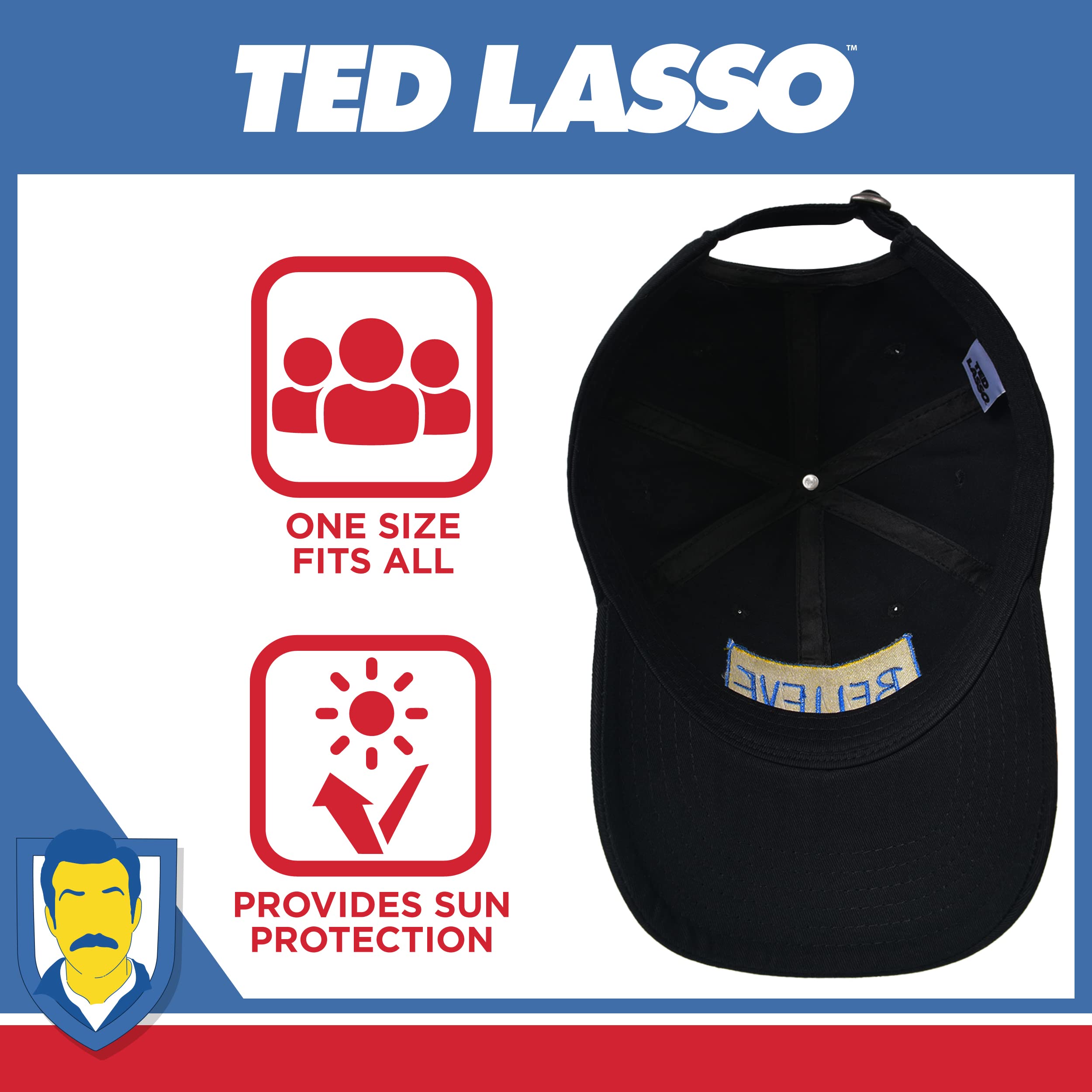 Concept One Ted Lasso Dad Hat, Believe Print Cotton Adjustable Baseball Cap with Curved Brim, Black, One Size