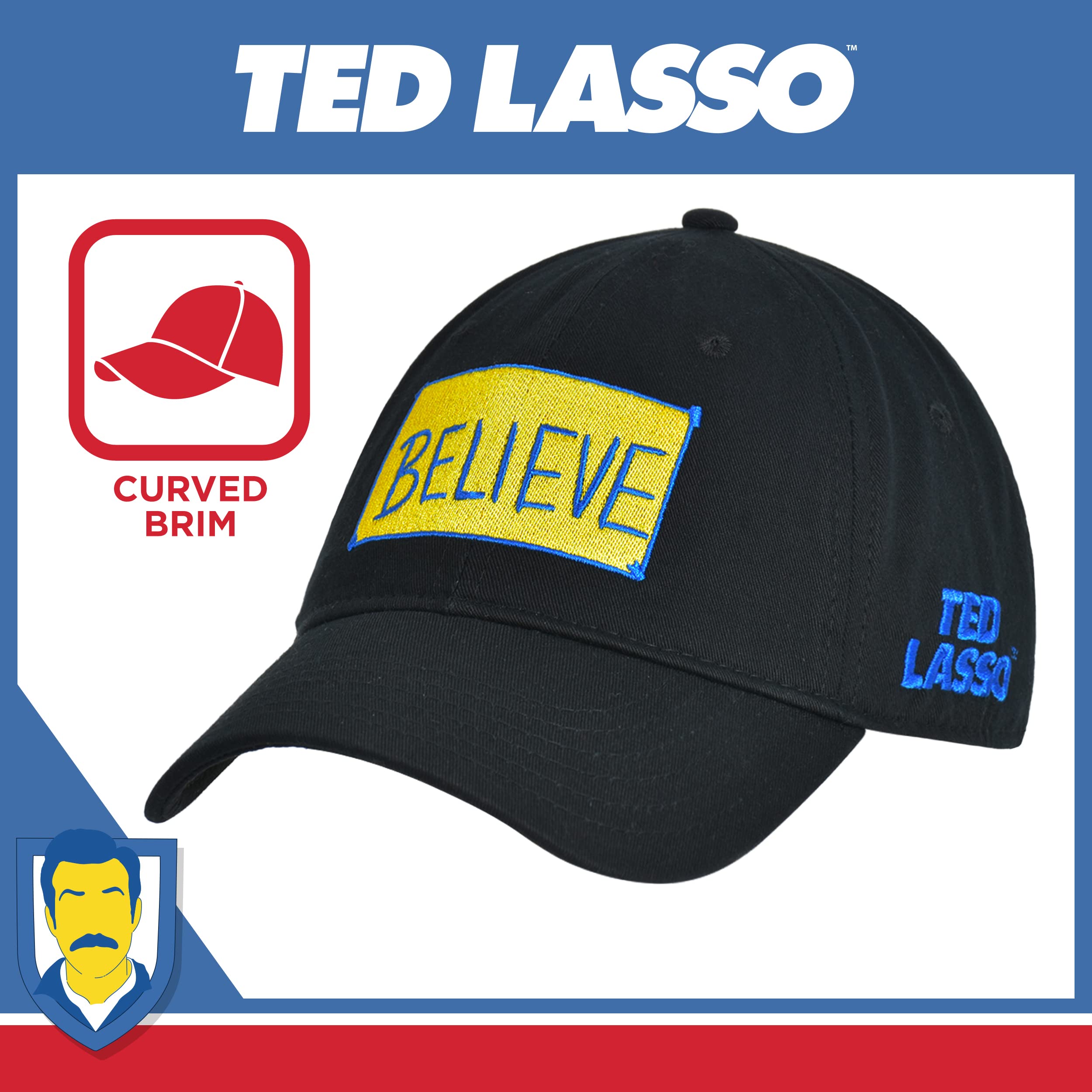 Concept One Ted Lasso Dad Hat, Believe Print Cotton Adjustable Baseball Cap with Curved Brim, Black, One Size