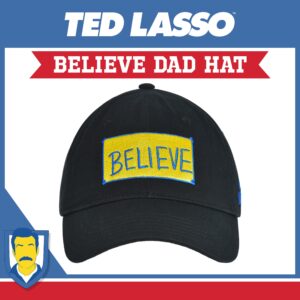 Concept One Ted Lasso Dad Hat, Believe Print Cotton Adjustable Baseball Cap with Curved Brim, Black, One Size