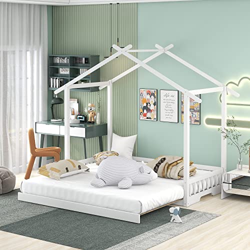 Merax Extending House Bed, Wooden Daybed, No Box Spring Needed, White