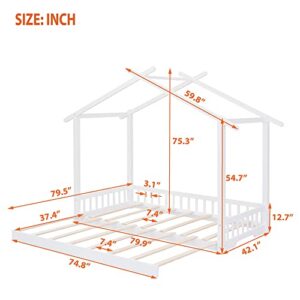 Merax Extending House Bed, Wooden Daybed, No Box Spring Needed, White