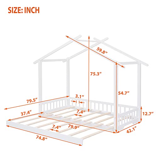 Merax Extending House Bed, Wooden Daybed, No Box Spring Needed, White