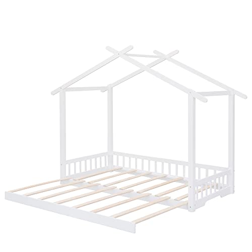 Merax Extending House Bed, Wooden Daybed, No Box Spring Needed, White