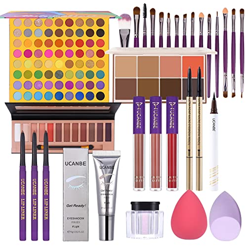 UCANBE All In One Makeup Kit Gift Box For Women Full Kit - Contains Eyeshadow Palette Concealer Brushes Lip Gloss Lip Liner Eyeliner Eyebrow Pen Eyeshadow Primer Sponge Puff Make up Sets