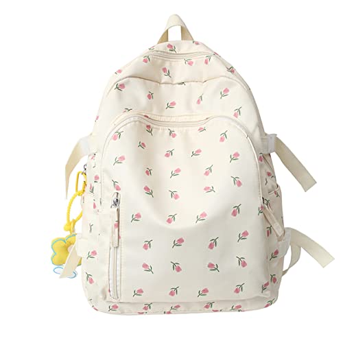 kakarin choyx Cute Backpack 16.1 Inch Kawaii Backpack Mori Art Floral Backpack With Pendant Aesthetic Backpack Classic Casual Computer Backpack (White)