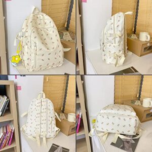 kakarin choyx Cute Backpack 16.1 Inch Kawaii Backpack Mori Art Floral Backpack With Pendant Aesthetic Backpack Classic Casual Computer Backpack (White)