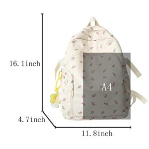 kakarin choyx Cute Backpack 16.1 Inch Kawaii Backpack Mori Art Floral Backpack With Pendant Aesthetic Backpack Classic Casual Computer Backpack (White)