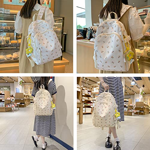 kakarin choyx Cute Backpack 16.1 Inch Kawaii Backpack Mori Art Floral Backpack With Pendant Aesthetic Backpack Classic Casual Computer Backpack (White)