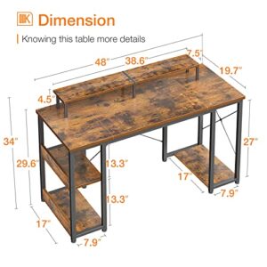 ODK 48 inch Computer Desk with Monitor Shelf and Storage Shelves, Writing Desk, Study Table with CPU Stand & Reversible Shelves, Vintage