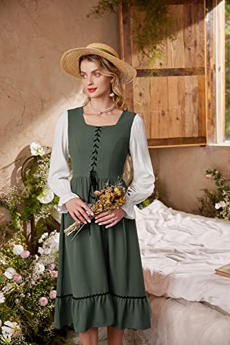 Renaissance Faire Costume Women Long Sleeve Midi Dress Modest Dress A Line Ruffle Medieval Dress Green L