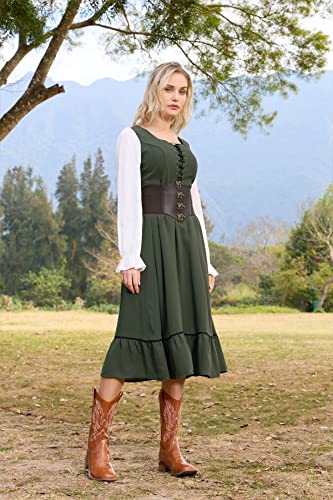 Renaissance Faire Costume Women Long Sleeve Midi Dress Modest Dress A Line Ruffle Medieval Dress Green L