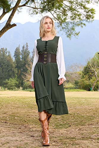 Renaissance Faire Costume Women Long Sleeve Midi Dress Modest Dress A Line Ruffle Medieval Dress Green L