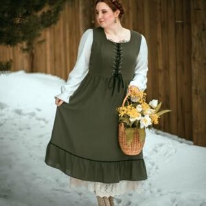 Renaissance Faire Costume Women Long Sleeve Midi Dress Modest Dress A Line Ruffle Medieval Dress Green L