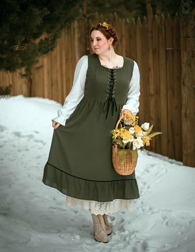 Renaissance Faire Costume Women Long Sleeve Midi Dress Modest Dress A Line Ruffle Medieval Dress Green L