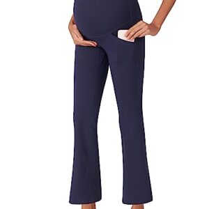 POSHDIVAH Women's Maternity Work Pants Yoga Lounge Stretchy Bootcut Flare Pants Pregnancy Dress Trousers for Business Casual Navy Blue Small