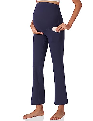 POSHDIVAH Women's Maternity Work Pants Yoga Lounge Stretchy Bootcut Flare Pants Pregnancy Dress Trousers for Business Casual Navy Blue Small