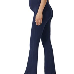 POSHDIVAH Women's Maternity Work Pants Yoga Lounge Stretchy Bootcut Flare Pants Pregnancy Dress Trousers for Business Casual Navy Blue Small