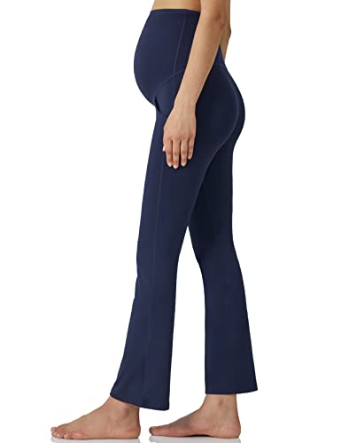 POSHDIVAH Women's Maternity Work Pants Yoga Lounge Stretchy Bootcut Flare Pants Pregnancy Dress Trousers for Business Casual Navy Blue Small