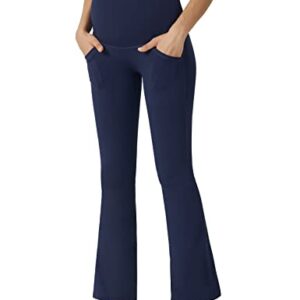 POSHDIVAH Women's Maternity Work Pants Yoga Lounge Stretchy Bootcut Flare Pants Pregnancy Dress Trousers for Business Casual Navy Blue Small