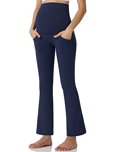 POSHDIVAH Women's Maternity Work Pants Yoga Lounge Stretchy Bootcut Flare Pants Pregnancy Dress Trousers for Business Casual Navy Blue Small