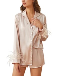 ekouaer women's feather trim silk satin pajamas set long sleeve lounge sets comfy long sleeve sleepwear party pjs champagne l