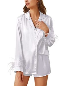 ekouaer women's satin pajama silk pj sets feather trim comfy satin sleepwear long sleeve pjs wedding bride white l