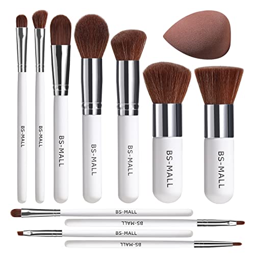 BS-MALL Makeup Brush Set 11Pcs Bamboo Synthetic Kabuki Brush Set Foundation Powder Blending Concealer Eye shadows Blush Cosmetics Brushes with Organizer Bag & Makeup Sponge (White)