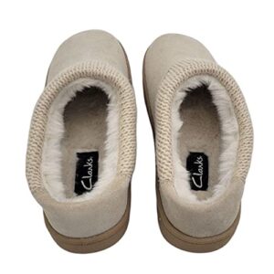 Clarks Womens Suede Slipper JMH2175 With Knit Collar - Soft Plush Faux Fur Lined - Indoor Outdoor House Slippers For Women (9 M US, Natural)