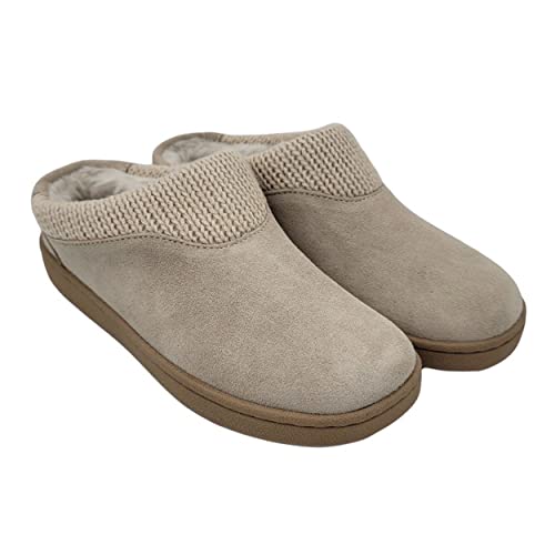 Clarks Womens Suede Slipper JMH2175 With Knit Collar - Soft Plush Faux Fur Lined - Indoor Outdoor House Slippers For Women (9 M US, Natural)