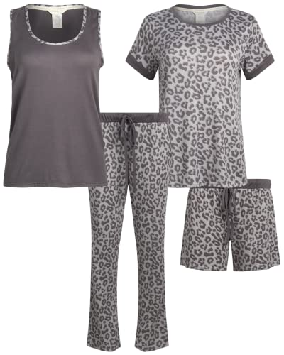 Lucky Brand Women's Pajama Set - 4 Piece Sleep Shirt, Tank Top, Pajama Pants, Lounge Shorts (S-XL), Size Large, Grey