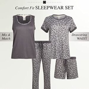 Lucky Brand Women's Pajama Set - 4 Piece Sleep Shirt, Tank Top, Pajama Pants, Lounge Shorts (S-XL), Size Large, Grey