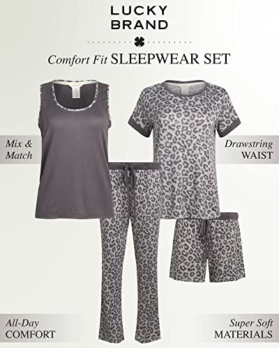 Lucky Brand Women's Pajama Set - 4 Piece Sleep Shirt, Tank Top, Pajama Pants, Lounge Shorts (S-XL), Size Large, Grey