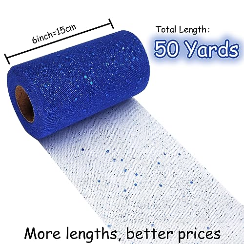 Glitter Tulle Fabric Rolls 6 Inch 50 Yards (150FT) Sequin Sparkling Ribbon Spool Netting for Wedding, Tutu Skirt, Gift Wrapping, Party Decoration (Royal Blue)