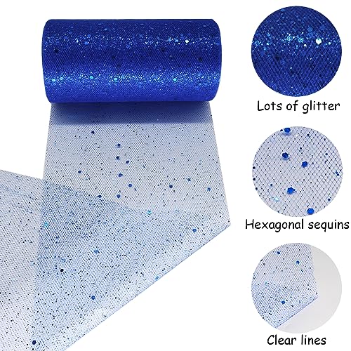 Glitter Tulle Fabric Rolls 6 Inch 50 Yards (150FT) Sequin Sparkling Ribbon Spool Netting for Wedding, Tutu Skirt, Gift Wrapping, Party Decoration (Royal Blue)