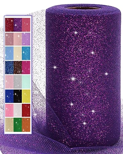 Glitter Tulle Fabric Rolls, 6 Inch 50 Yards (150ft) Sparkling Spool Ribbon Sequin Netting for Tutu Skirt Gift Wrapping Wedding Party Decoration (Purple)