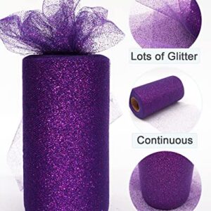 Glitter Tulle Fabric Rolls, 6 Inch 50 Yards (150ft) Sparkling Spool Ribbon Sequin Netting for Tutu Skirt Gift Wrapping Wedding Party Decoration (Purple)