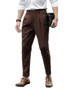 sweatyrocks men's high waist fold pleated crop suit pants work office business long trousers with pockets coffee brown m