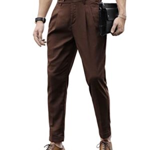 SweatyRocks Men's High Waist Fold Pleated Crop Suit Pants Work Office Business Long Trousers with Pockets Coffee Brown M