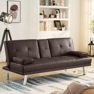 awqm faux leather futon sofa bed upholstered modern convertible sofa bed small couch bed adjustable couch sleeper for compact living space, removable armrests, metal legs, 2 cupholders, light brown