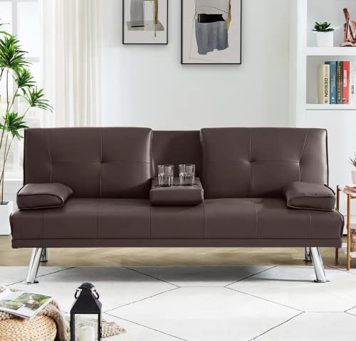 AWQM Faux Leather Futon Sofa Bed Upholstered Modern Convertible Sofa Bed Small Couch Bed Adjustable Couch Sleeper for Compact Living Space, Removable Armrests, Metal Legs, 2 Cupholders, Light Brown