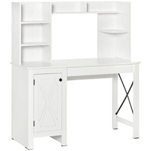 homcom farmhouse computer desk with hutch and cabinet, home office desk with storage, for study, white