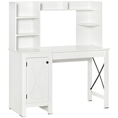 HOMCOM Farmhouse Computer Desk with Hutch and Cabinet, Home Office Desk with Storage, for Study, White