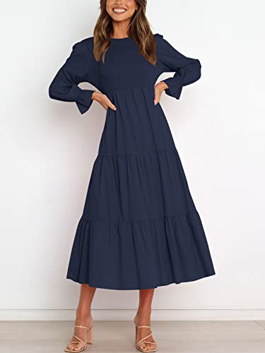 LOGENE Womens Round Neckline Shirred Bodice Maxi Dress Tiered Panel Skirt-6L55-zanglang-M Navy Blue