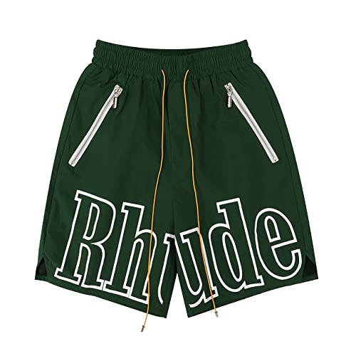 zicanfly Men Rhude Shorts Logo Print Cotton Drawstring Track Shorts Elastic Gym Athletic Shorts Sweatpants with Pockets Youth (Green,Medium,Medium)