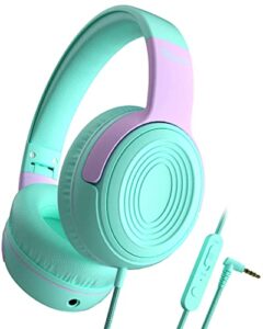 elecder kids headphones, s8 wired headphones for kids with microphone for boys girls, adjustable 85db/94db volume limited, 3.5 mm jack for/kindle/smartphones/tablet/airplane travel(green/purple)